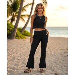 Free People Beach karina Sweater Black Textured Knit Flared Pants X-Small